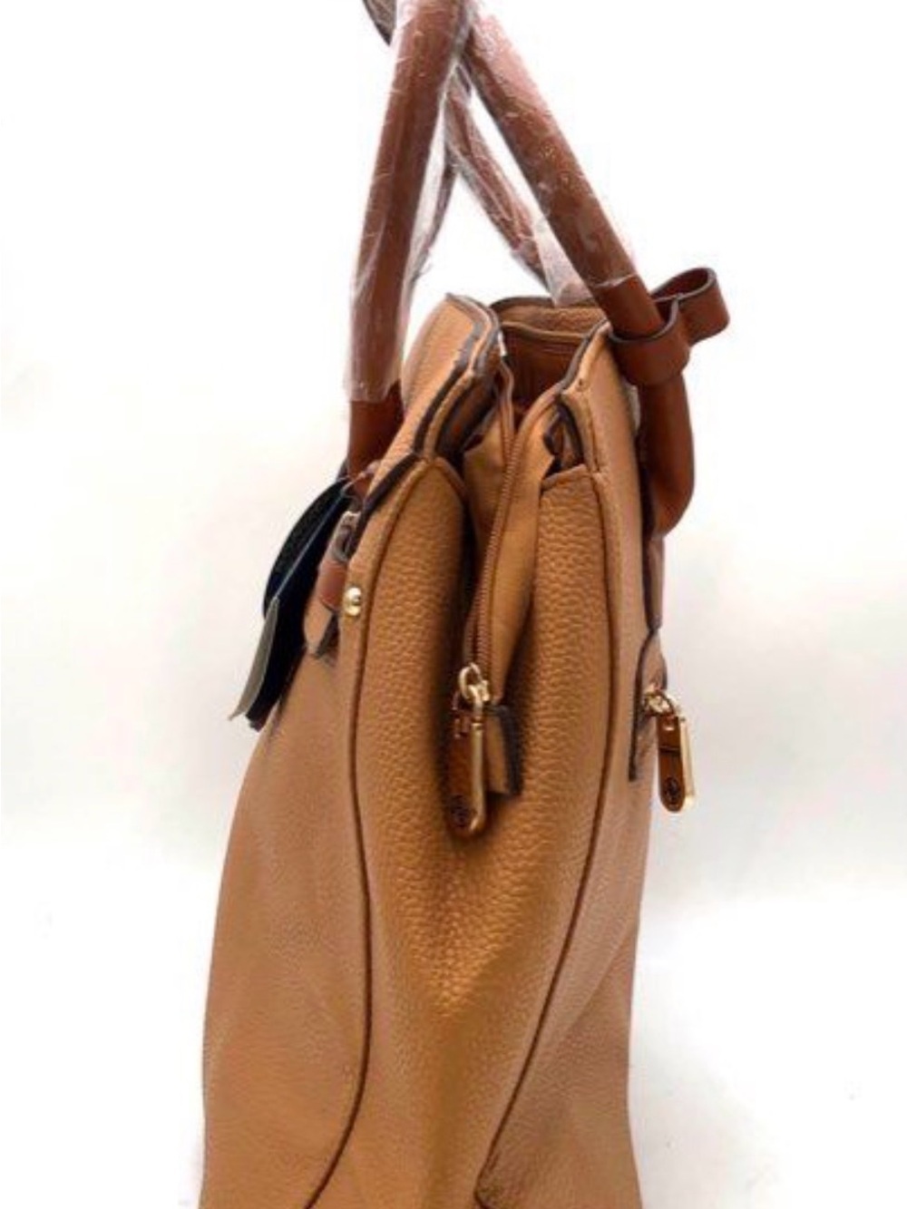Adrienne Vittadini Natural Pebbled Tote Bag Gold Hardware Workbook Sleeve - Picture 5 of 8